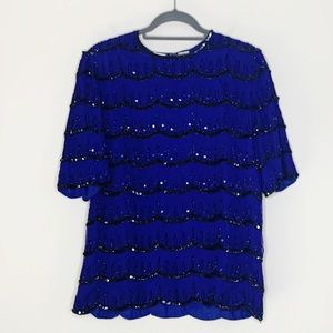 Scala Vintage Beaded Silk Blouse Blue Size Medium